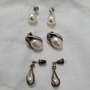 Lot 3 Pairs Vintage Silver Toned Faux Pearl And Rhinestone Earrings Bundle